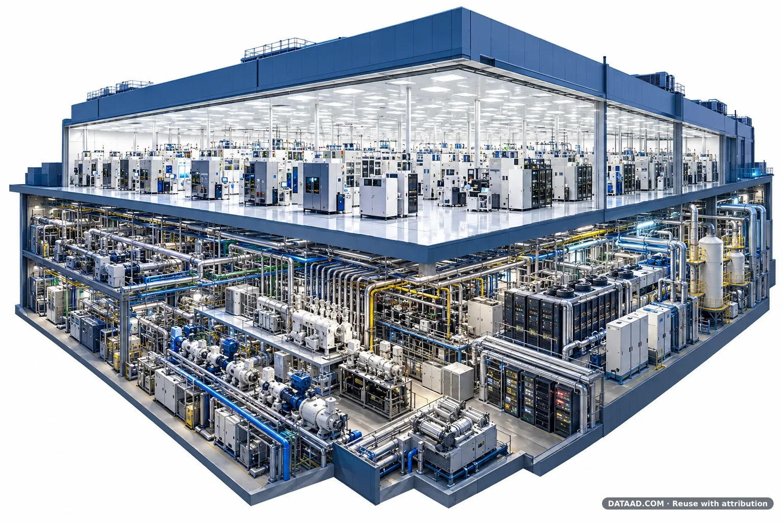Conceptual cutaway of a modern semiconductor fab showing the cleanroom above and cooling, gas, water, power and utility infrastructure below.