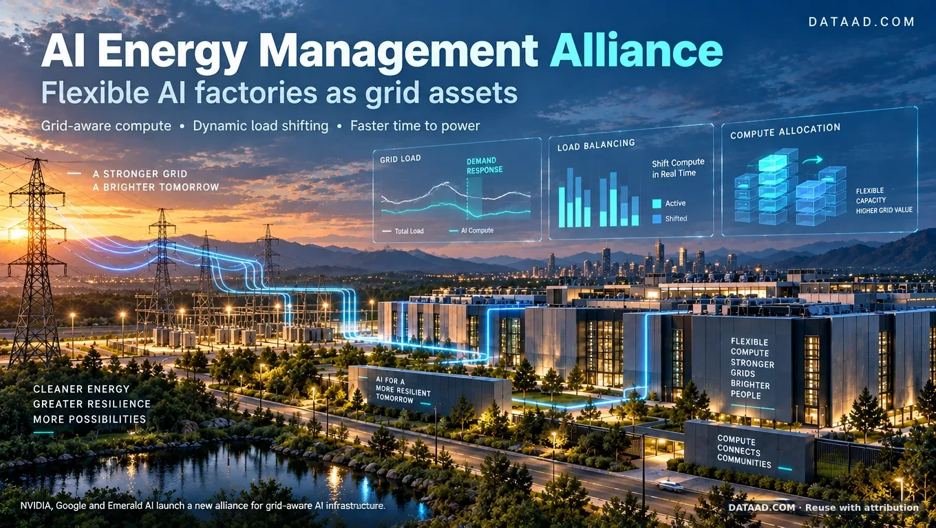 AI data center connected to the power grid, illustrating flexible computing and energy management