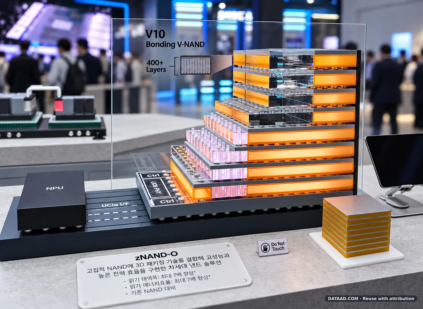 Samsung zNAND-O mock-up showing stacked NAND dies on a logic die connected to an NPU via UCIe interface