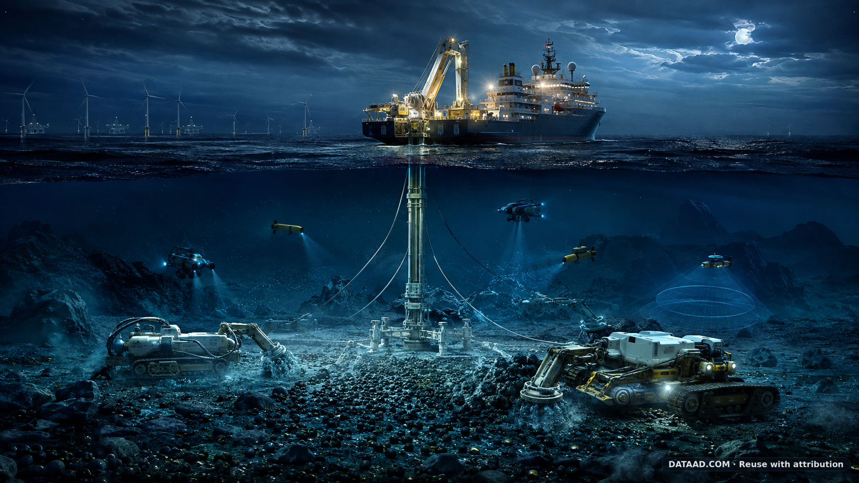 Futuristic autonomous deep-sea mining system with an AI-controlled surface vessel, underwater robots, mineral collectors and critical mineral deposits on the ocean floor